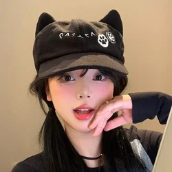 Japanese Cute Cat Ears Berets Caps for Women Summer Autumn Travel Versatile Sunscreen Casual Retro Black Newsboy Hats Y2k