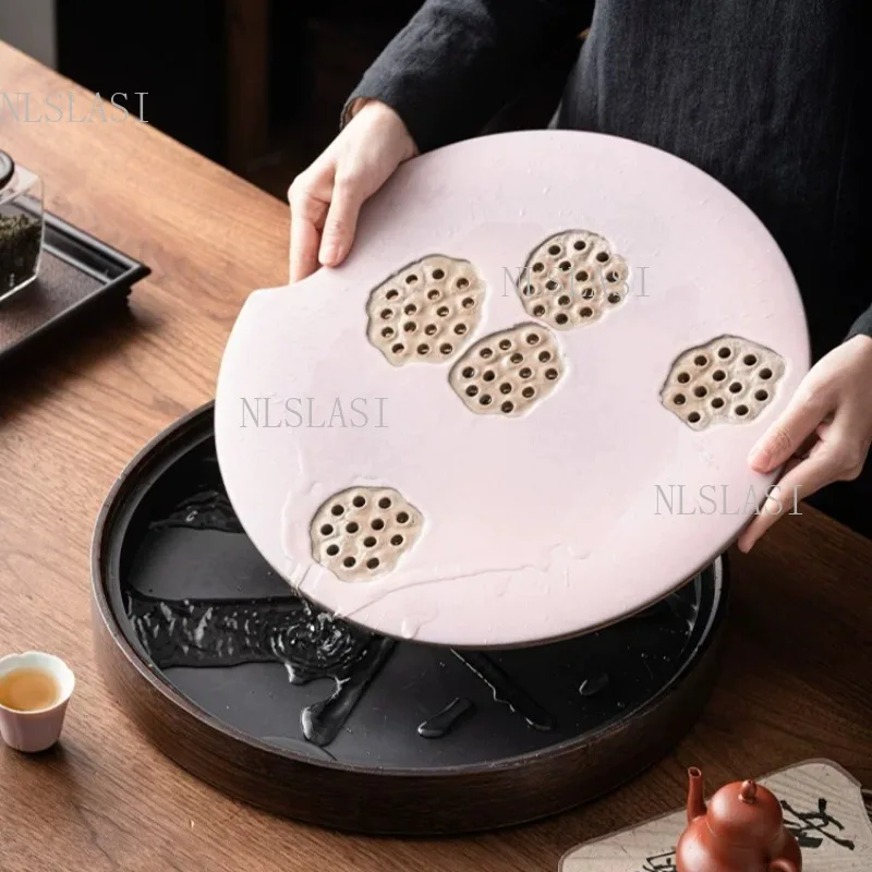 

Round Pink Ceramic Tea Tray Household Living Room Small Dry Foam Tray Kungfu Tea Tray Drinkable Trays Tea Ceremony Accessories