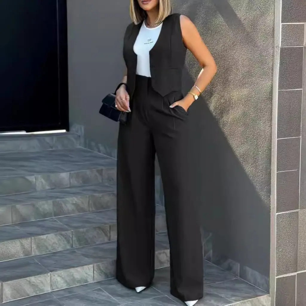 

Модный повседневный костюм, жилет и широкие брюки, комплект для женщин, новый стильный жилет, наряд