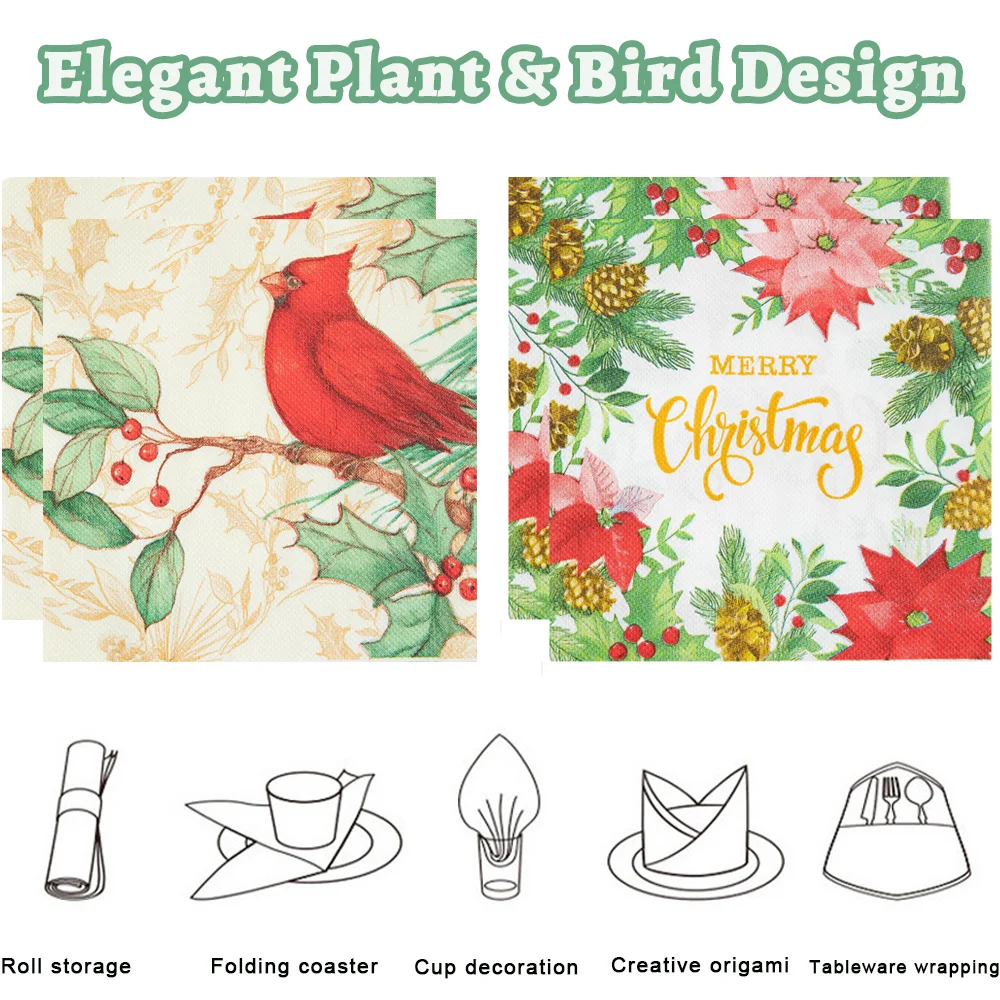 Christmas Printed Napkins | Plant & Bird Design Virgin Wood Pulp 2-Ply Thick Soft Colorful Baby-Safe Paper Napkins