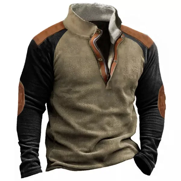 

Men Thick Tops Splice Sweatshirts Stand Collar Full Sleeve Button Sweatshirt Simple Autumn Winter Casual Loose Regular Top