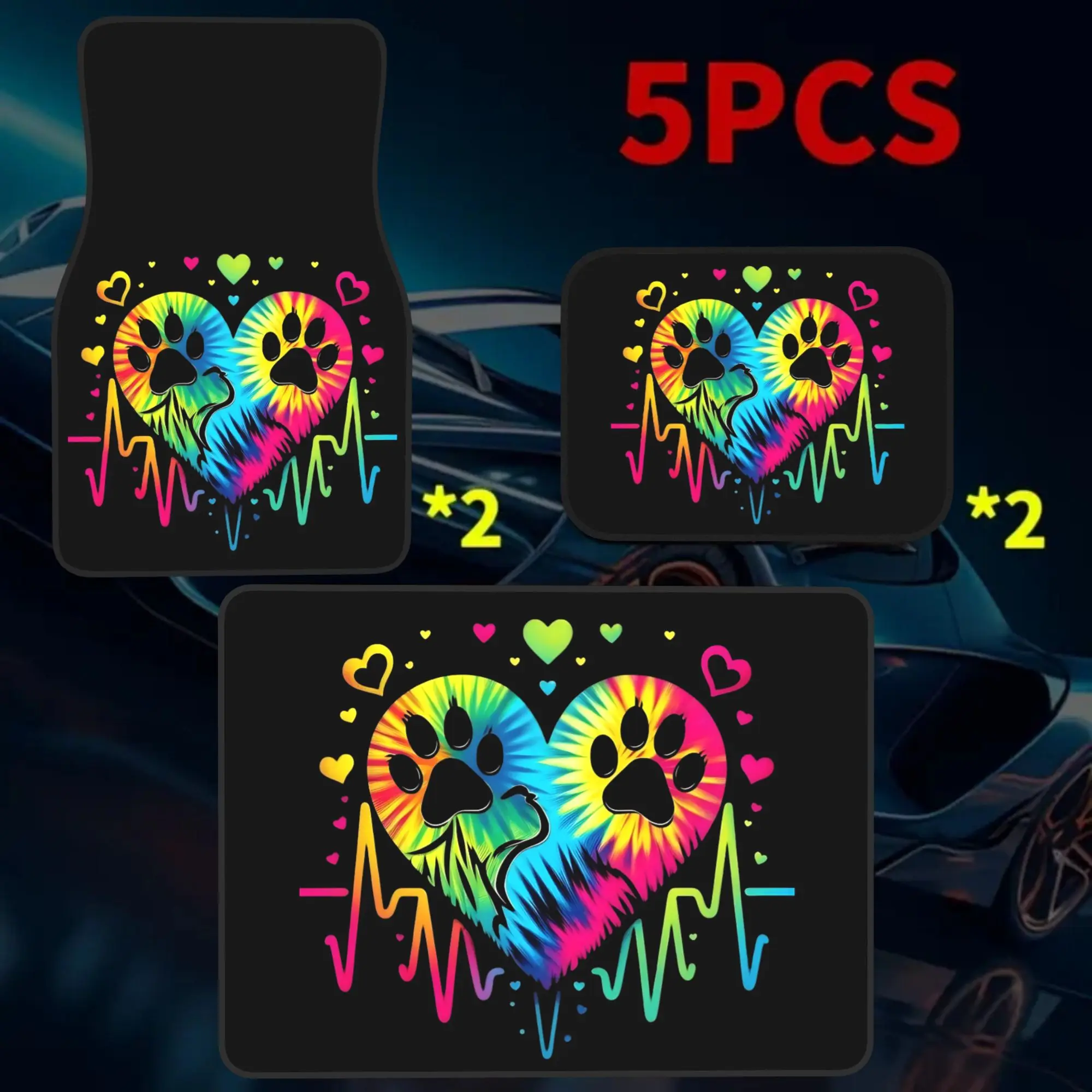2D Plane 5pcss Rainbow Heart Paw Print Car Floor Mat | Trunk Liner - 5pcss Set (Including 4 Floor Mats And 1 Trunk Liner) With S