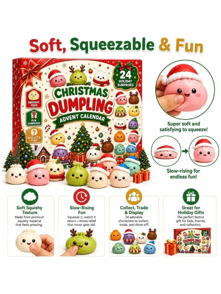 Świąteczny Kalendarz Adwentowy z Squishy'ami, 24-dniowe odliczanie, pudełko niespodzianek, squishy w kształcie pierożków, zabawki sensoryczne z wolnym powrotem do pierwotnego kształtu, prezenty dla — 2