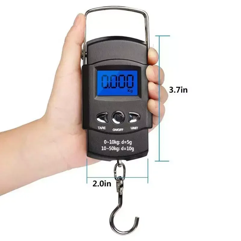 Báscula de mano electrónica LCD portátil, báscula de pescado colgante de viaje con cinta métrica retráctil de 100cm de largo, 50kg/10g