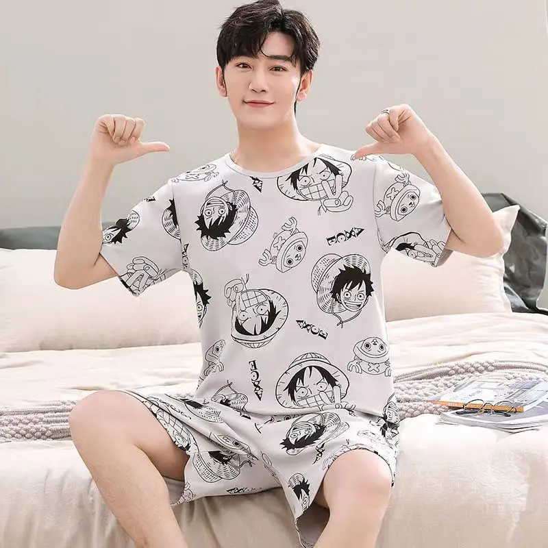 Summer Hot Couple Lovers Pijamas Set Japanese Anime Cartoon Print Homewear Men\'s Pajama Cartoon Tops with Shorts Casual Pyjama