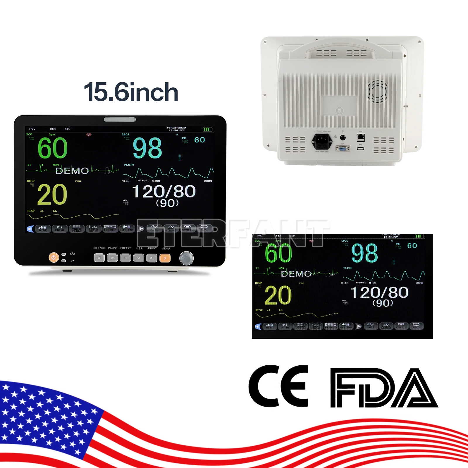 ETERFANT 15.6 بوصة مراقبة المريض ICU CCU علامة حيوية للمستشفى ECG NIBP RESP TEMP SPO2 PR 3 أوضاع العمل PM15B