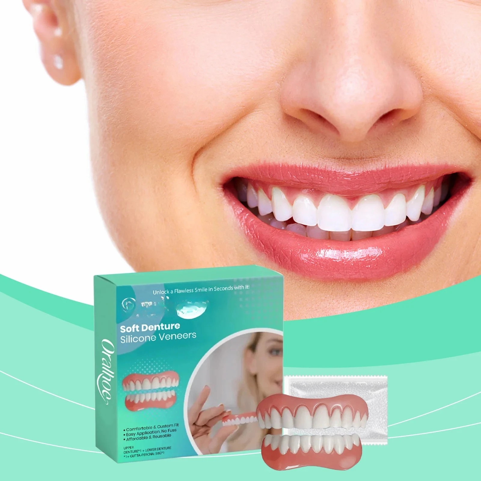 Upper and Lower Dentures Full Set Natural Safe Silicone False Teeth That Fit Oral Repair Missing Dull Tooth Portable Soft False