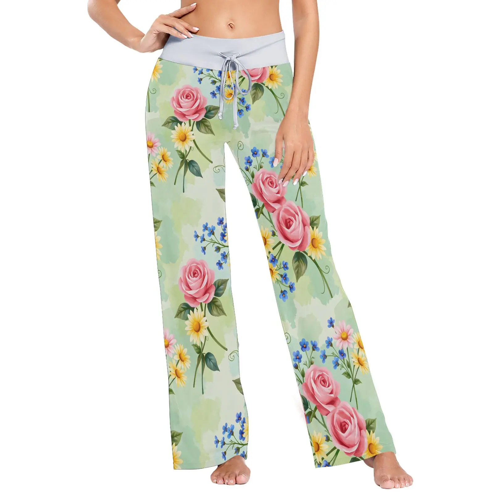 Pantaloni lunghi da donna con fondo per il sonno con coulisse, taglia ampia, pigiama per la casa, stampa rosa, pantaloni casual, moda primavera estate, indumenti da notte