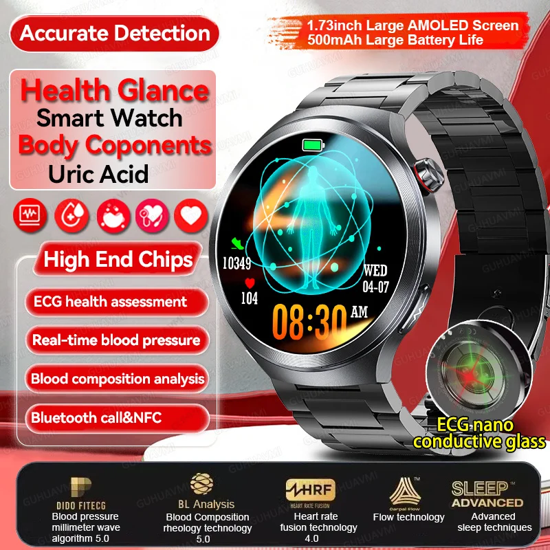 

New Health Glance Blood Pressure ECG+PPG Blood Component Smart Watch Men Heart Rate Uric Acid Lipid 1.73"AMOLED BT Call Bracele