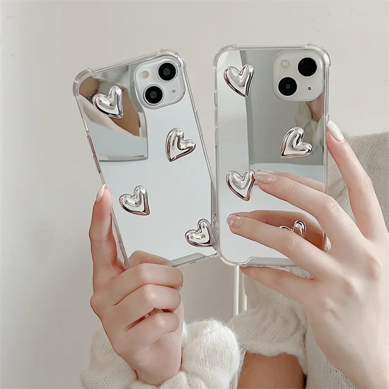 Fashion Korean Style Cute Heart Soft Silicone Clear Phone Case For IPhone 13 Pro Max 14 11 12 15 XR Silvery Mirror Protect Cover