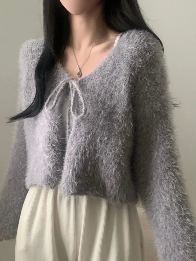 Y2K Knitted Fur Sweater Cardigan Women Long Sleeve Bandage V-neck Sueter Mujer Autumn Vintage Sweet All Match Cropped Sweater