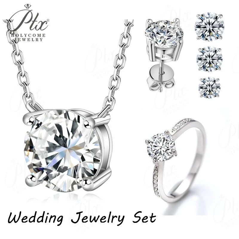 

4 Prongs Stud Earring Necklace Ring Moissanite Solitaire S925 Sterling Silver Multicolor Hypoallergenic Wedding Jewelry Set