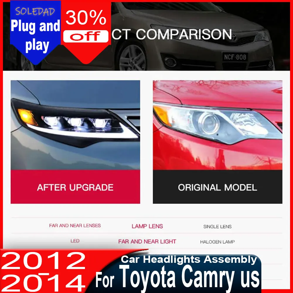 

Светодиодные фары для Toyota Camry 2012-2014, фары головного света, линзы проектора DRL, автомобильные аксессуары, установка Plug and Play.