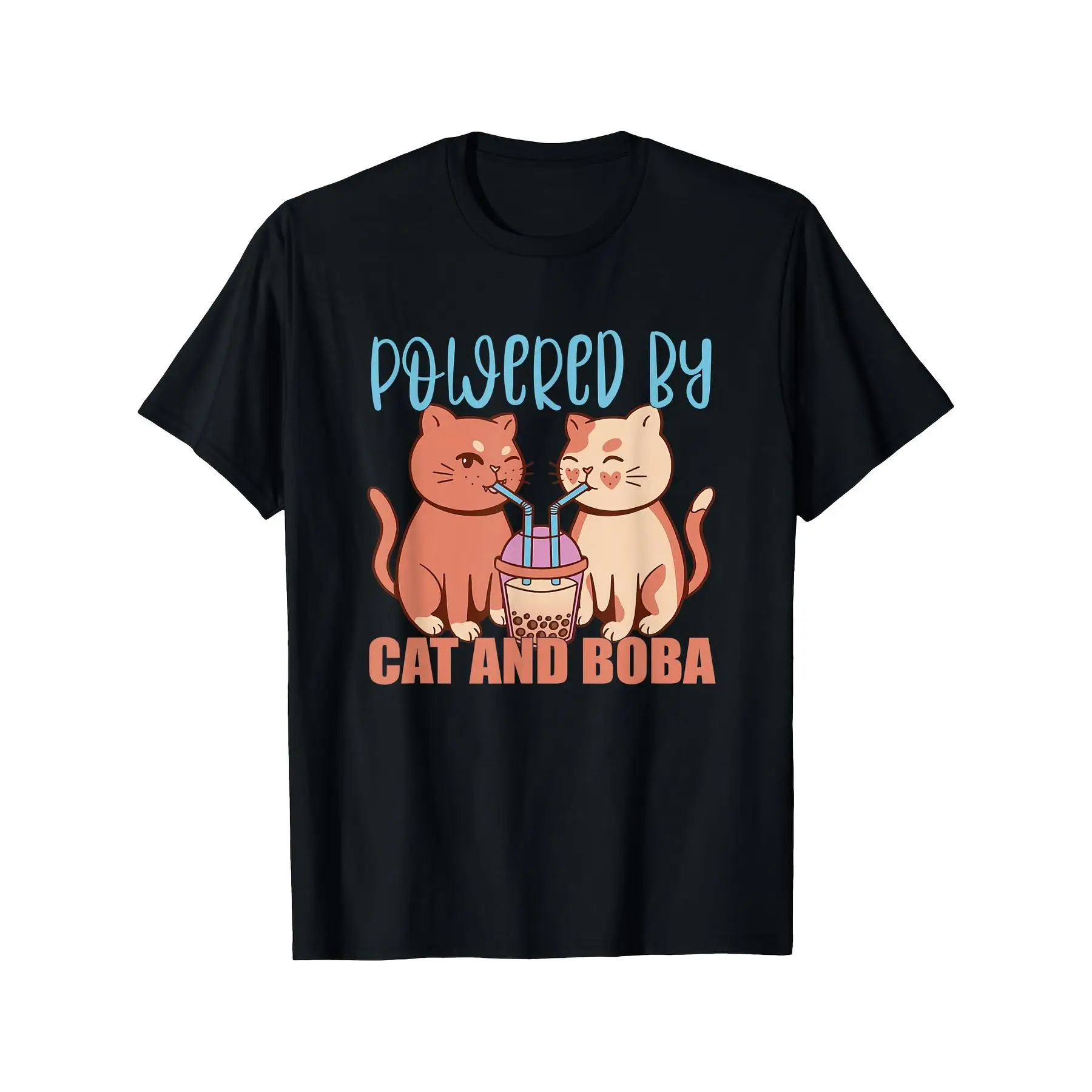 

Women's "Powered By Cat & Boba" T-Shirt | Funny Kitty Bubble Tea Graphic Tee | Cute Pet Lover Gift Casual Top