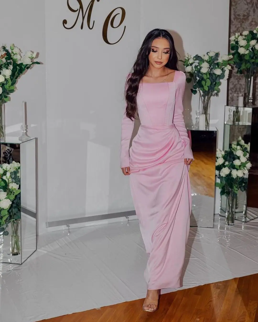 

Saudi Arabia Mermaid Party Dress High Slit Pink Evening Dresses Backless Short Sleeve Charming Prom Gowns فساتين للحفلات الراقصة