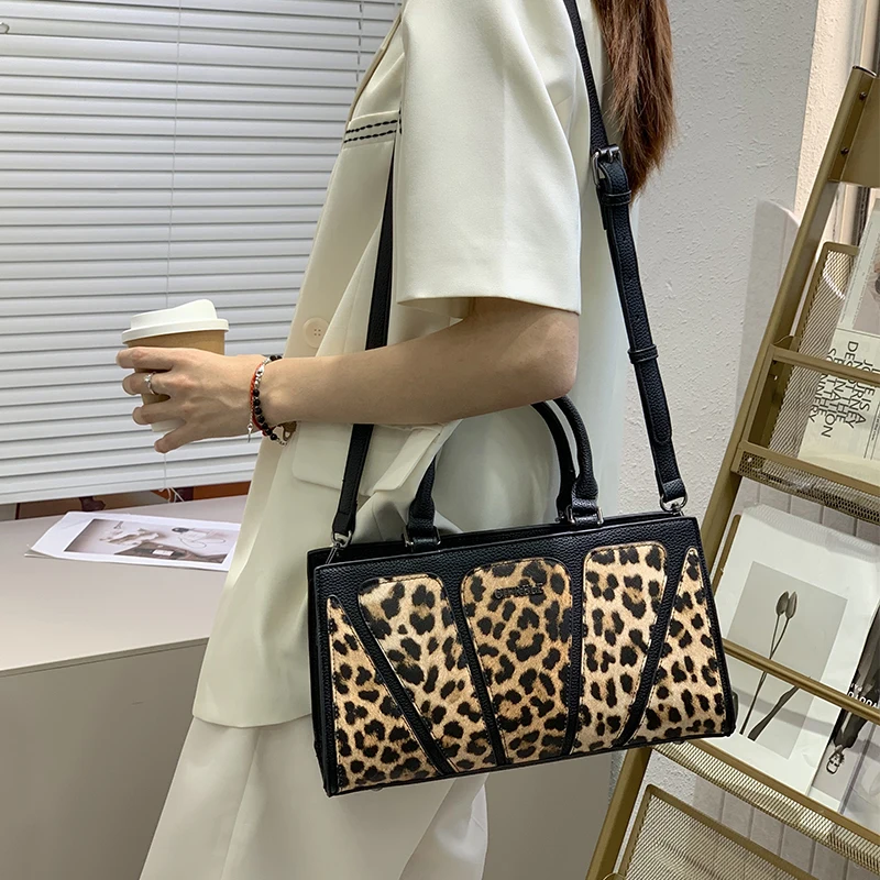 Vintage Leopard Print Crossbody Bag for Women, Retro Pebbled Patchwork Top-Handle Satchel Shoulder Handbag, Vegan PU Leather