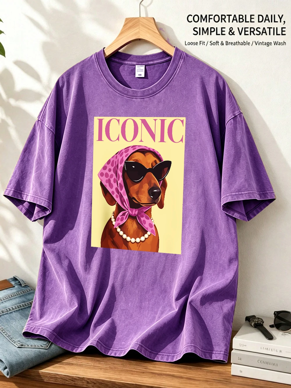 Iconic Dachshund Printed Washed T-Shirts Womens Cotton Oversized Tops O-Neck Comfortable Distressed T Shirt Summer Woman Clothes