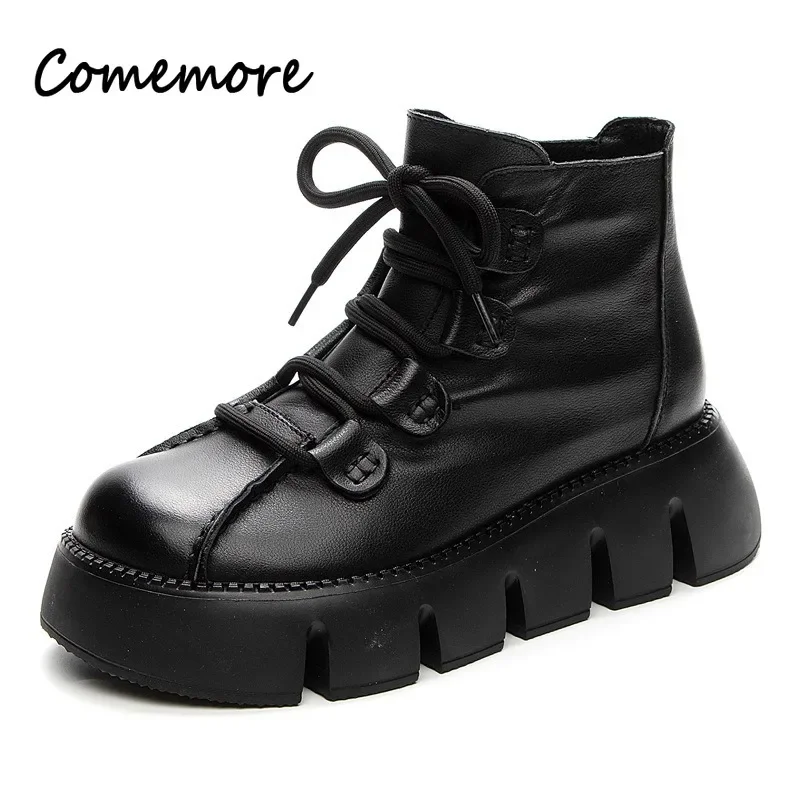 Comemore Platform Heel Round Toe Winter Shoes Woman Ankle Fashion Short Boot Retro 2023 Women\'s New Lace Up Elegant Women Boots