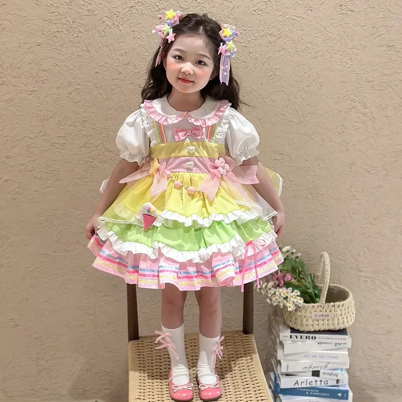 

Летнее милое кружевное платье Лолиты для маленьких девочек, искусственное бальное платье принцессы с бантом из двух предметов, многослойное платье для торта, юбки для детей на день рождения