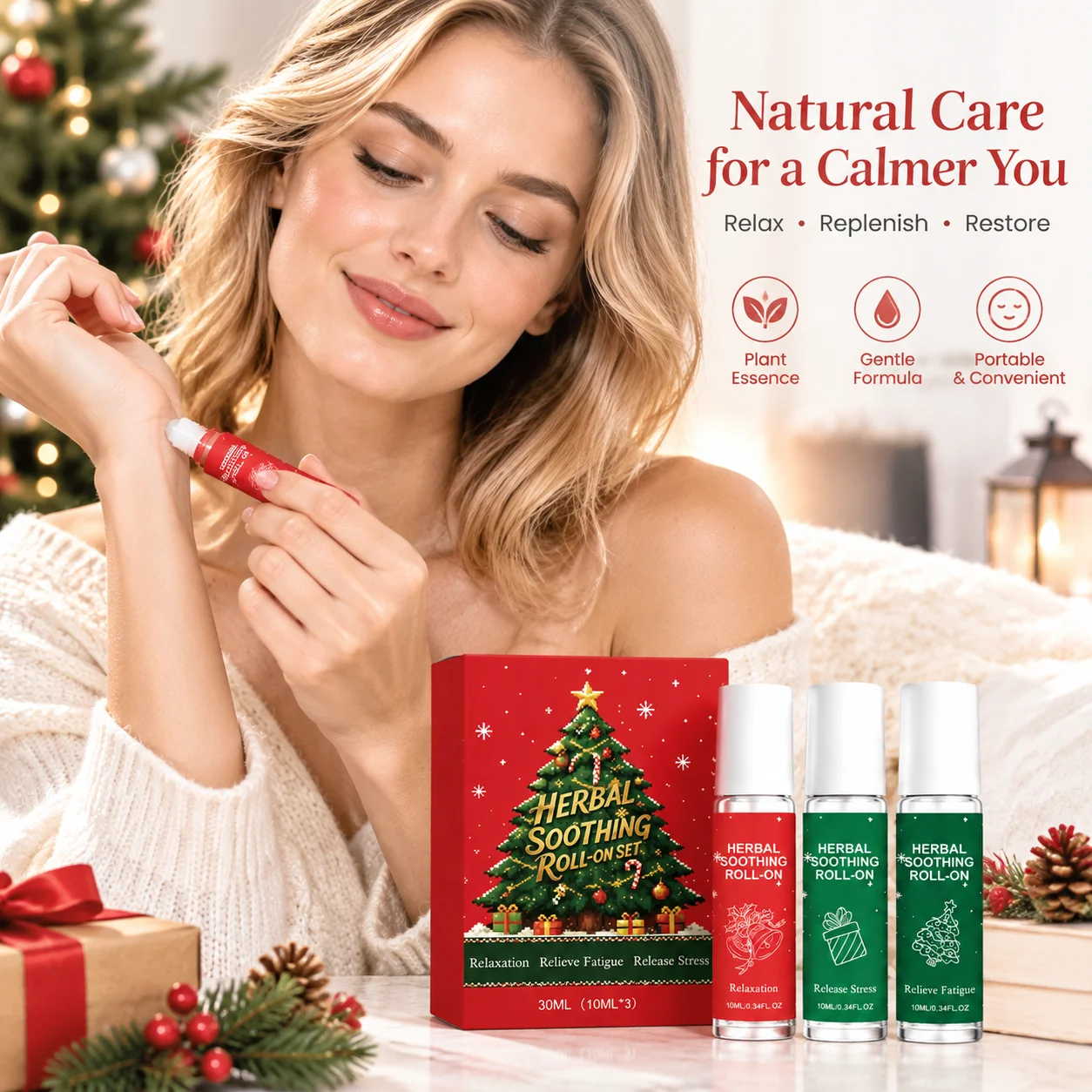 Herbal Gentle Roller Christmas Set Multi Fragrance Relieve Fatigue Smoothing Easy Apply Gentle Nourishing 3PCS Roll On Oil Set