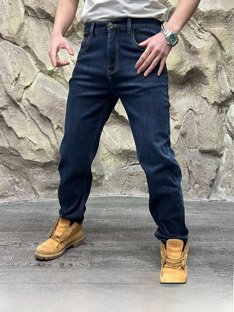 

Retro Waed Fce Lined Men's Denim Jeans High Elastici Commuter Sle Casual Straight Leg Cotton Polyester Blend