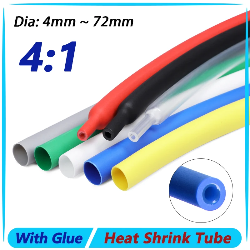 

1 Meter Dia 4/6/8/12/16/20/24/32/36/40/52/72mm 4:1 Heat Shrink Tube Thick Glue Thermoresistant Tube Heat-shrinkable Cable Sleeve