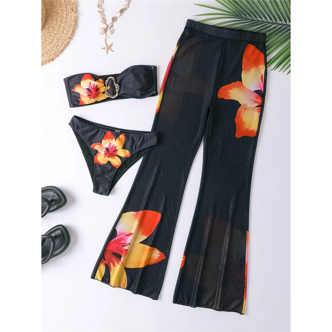 S - XL, mit Hose, Blumenmuster, Bikini, Damen-Badeanzug, dreiteiliges Bikini-Set, Damen-Badebekleidung, Badeanzug, Schwimmanzug V6553 – Detail 8
