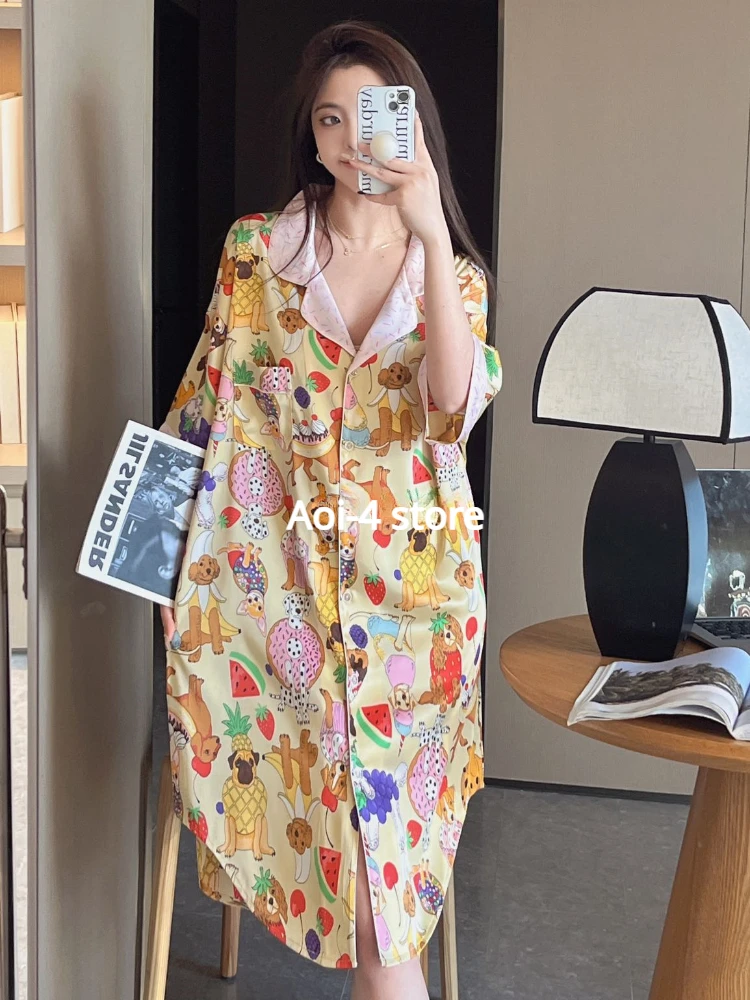 2024 Thin Cartoon Ice Silk Shirt Nightdress Women\'s Summer Sexy Mid-Length Loose Outer Wearing Pajamas Skirt Home Clothes