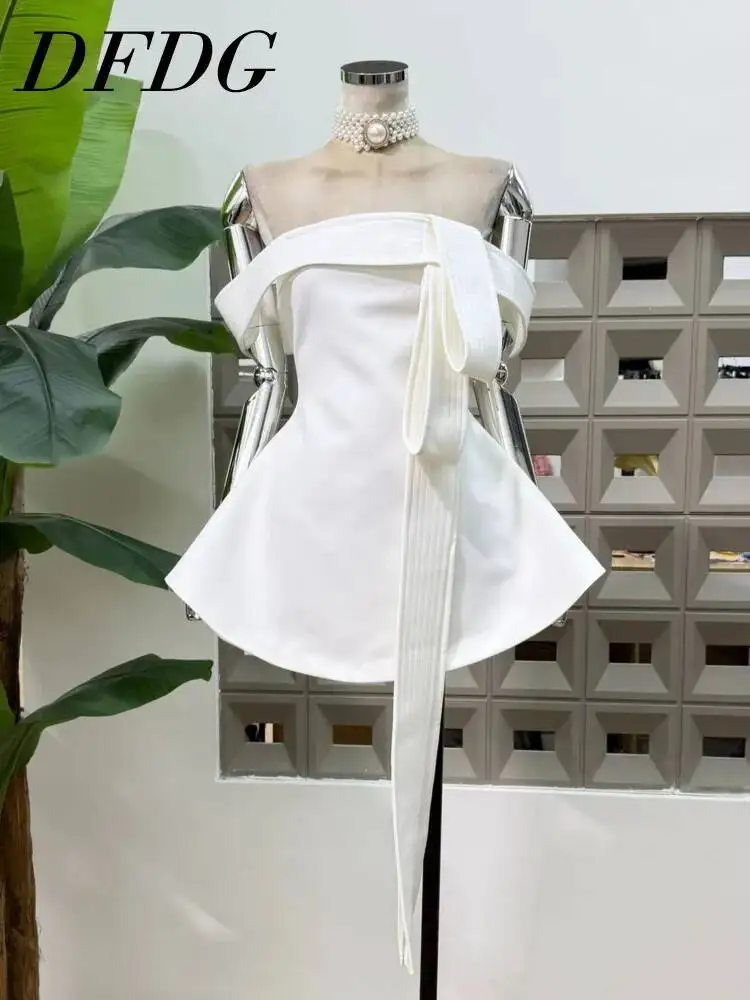 

DFDG Women 2026 Spring Summer Off Shoulder Peplum Dress Bow Ribbon Detail Slim Waist Elegant Casual Party Fashion Dress