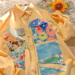 A pintura a óleo amarela imprime camisas femininas primavera outono fino botão solto até blusas de manga comprida camisa oversize para adolescentes