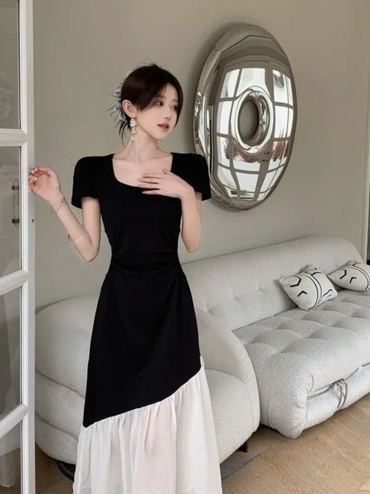 Long Maxi Female Dress Short Sleeve Women's Dresses Korean Style Designer Retro Casual Youth A Line Clothing Elegant Party