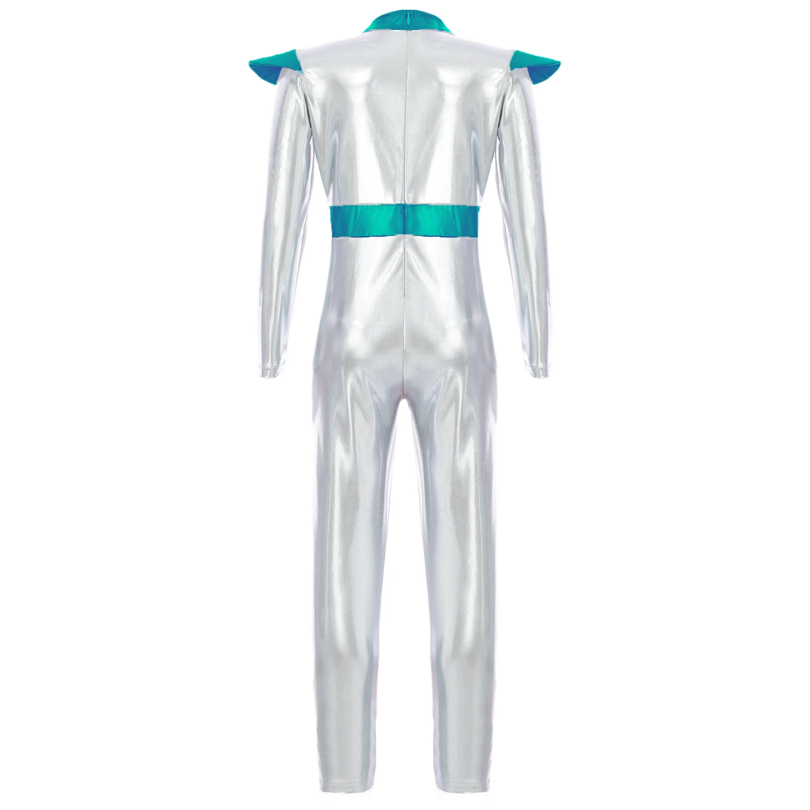 Kids Girls Halloween Alien Robot Cosplay Costume Space Astronaut Themed Fancy Party Dress Up Long Sleeve Shiny Metallic Jumpsuit