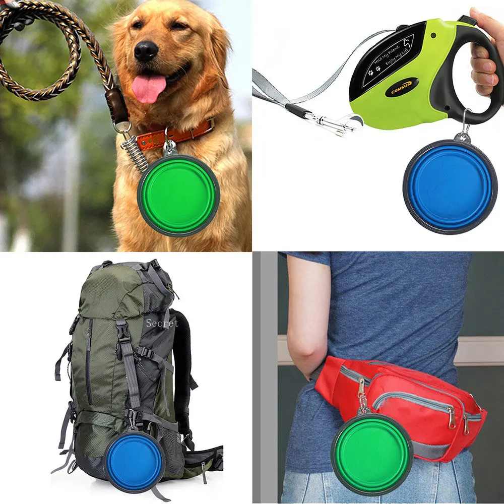 Cuenco de agua y comida de silicona plegable para mascotas, suministros portátiles de viaje para acampar al aire libre, platos con mosquetón