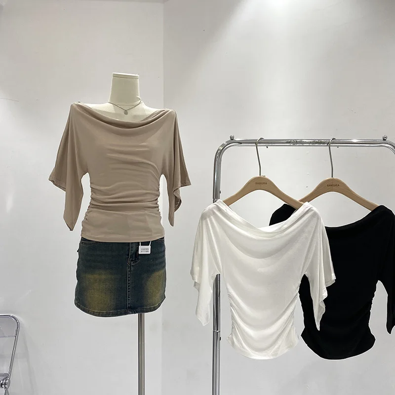

Женская летняя элегантная тонкая футболка с распашным воротником и короткими рукавами, женская уличная одежда, однотонный пуловер, базовая футболка