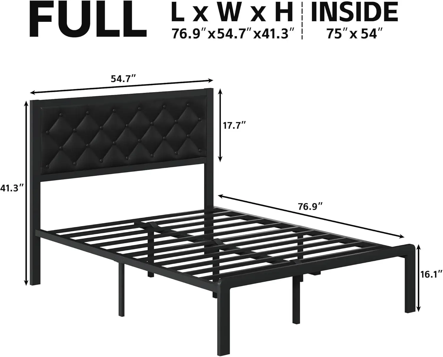 Full Bed Frame with Headboard PU Leather Upholstered Bed Frame Platform 76.9