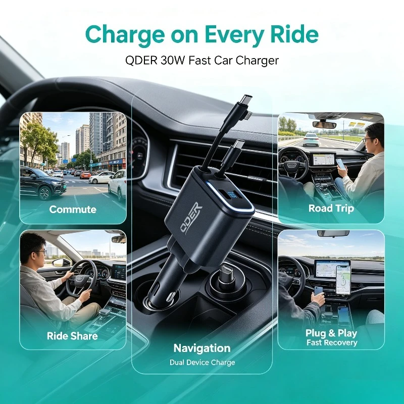 QDER – chargeur de voiture rapide PD 30W, double port, affichage numérique de la tension, charge rapide intelligente, adaptateur pour allume-cigare, pour téléphones iPhone, Samsung, Xiaomi, Android