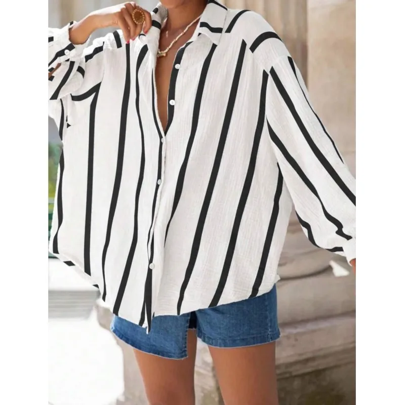 

New Loose Casual Stripe Shirts & Blouses Women Tops Long-sleeved Single Breasted Lapel Office Elegant Commuter Shirt 2025 Autumn