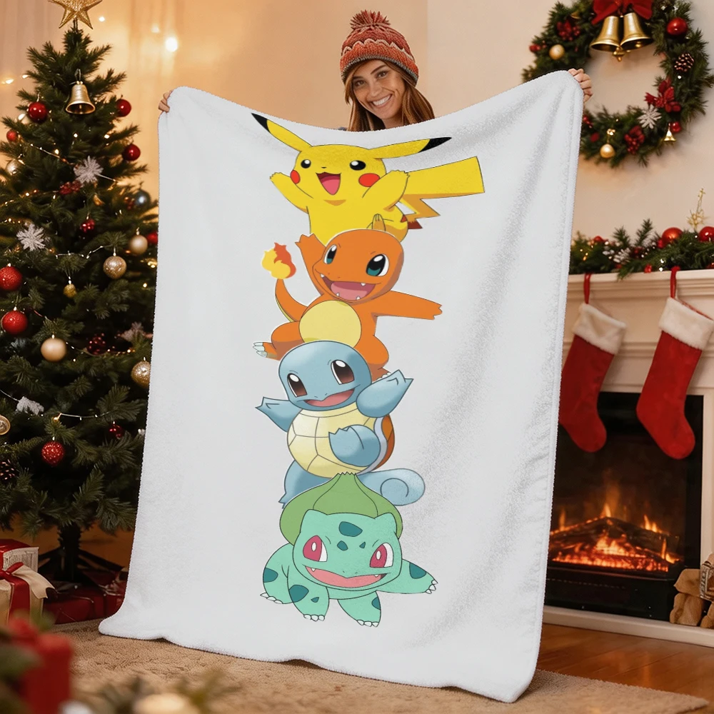 Pokemon Pikachu Gengar Bulbasaur Charmander Squirtle Psyduck Flannel Throw Blanket Soft Warm Blanket for Sofa Bed Home Decor Gif