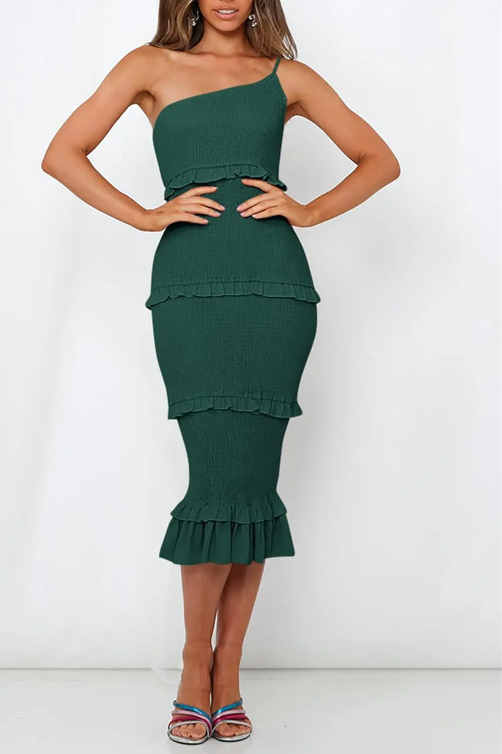 

2024 new diagonal shoulder suspender, backless hem, ruffled edge, cake, drawstring, mid skirt, women's dress