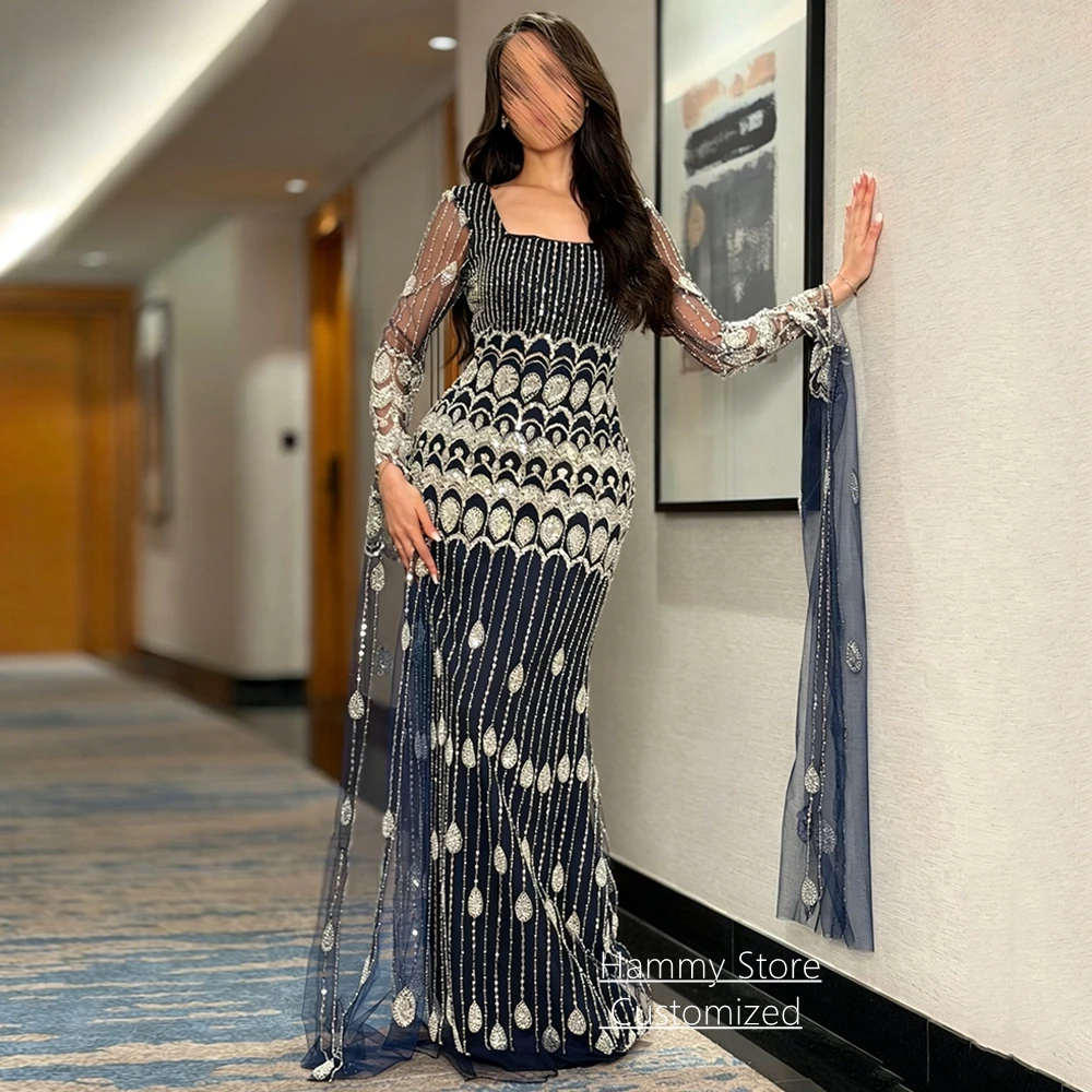 Luxuriöses Saudi-Abschlussballkleid, maßgeschneidert, lange Ärmel, quadratischer Ausschnitt, Perlenstickerei, Pailletten, Spitze, Meerjungfrau-Abendkleid, formelle Partykleider