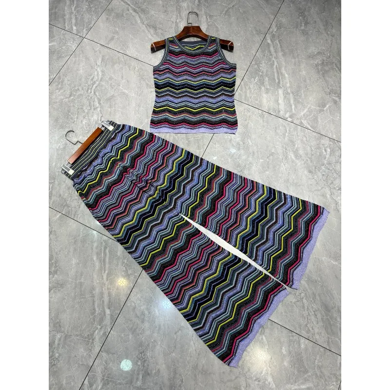 Bohemian Metallic Colorful Striped Pants Set for Women Unique 2026 Summer New Slim Fit Short Vest + Straight Pants Elegant Set