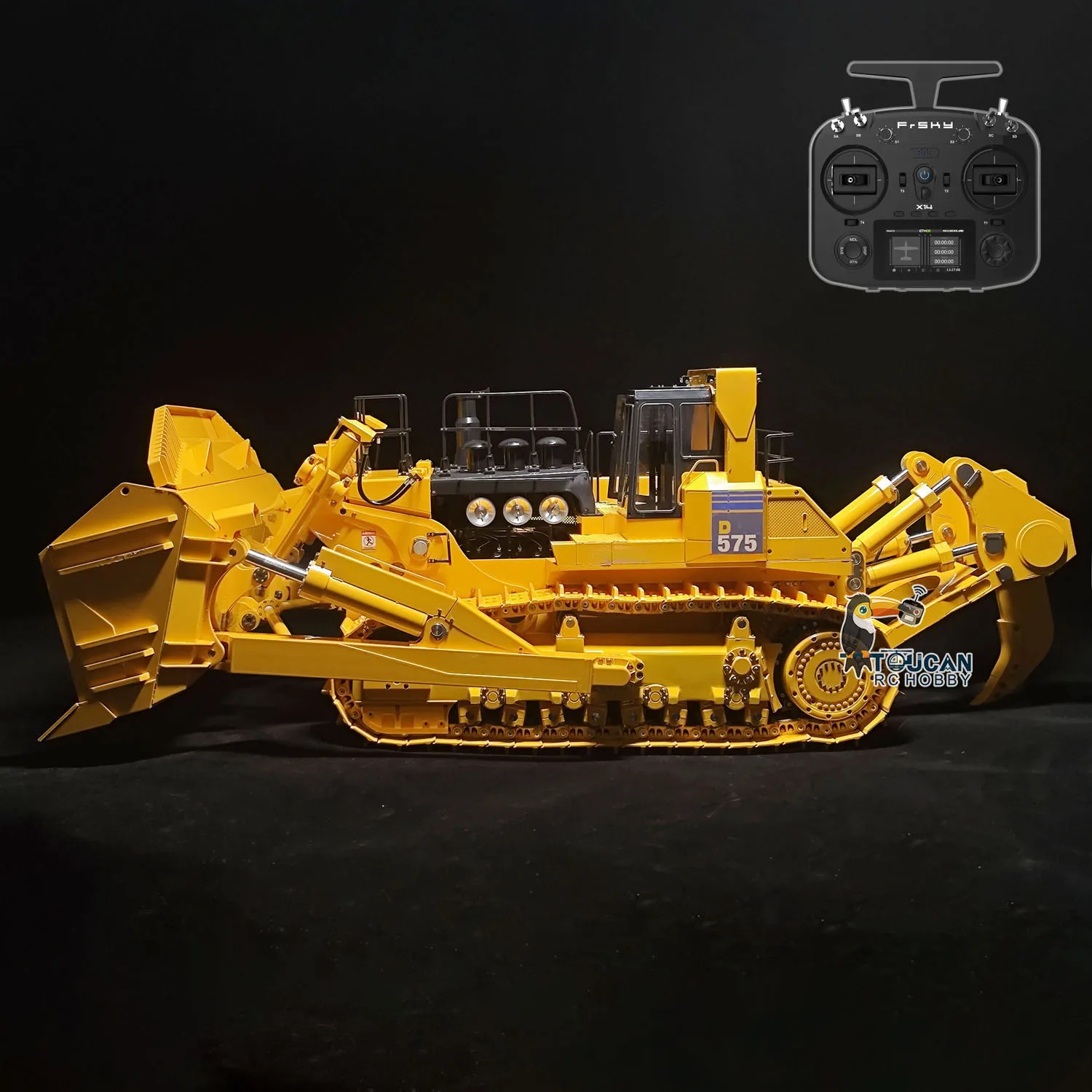 1/14 Scale JDM 575 RC Bullzoder Heavy Duty Dozer Metal Machine Frsky X14 Remote Control Construction Vehicle Light Sound Model