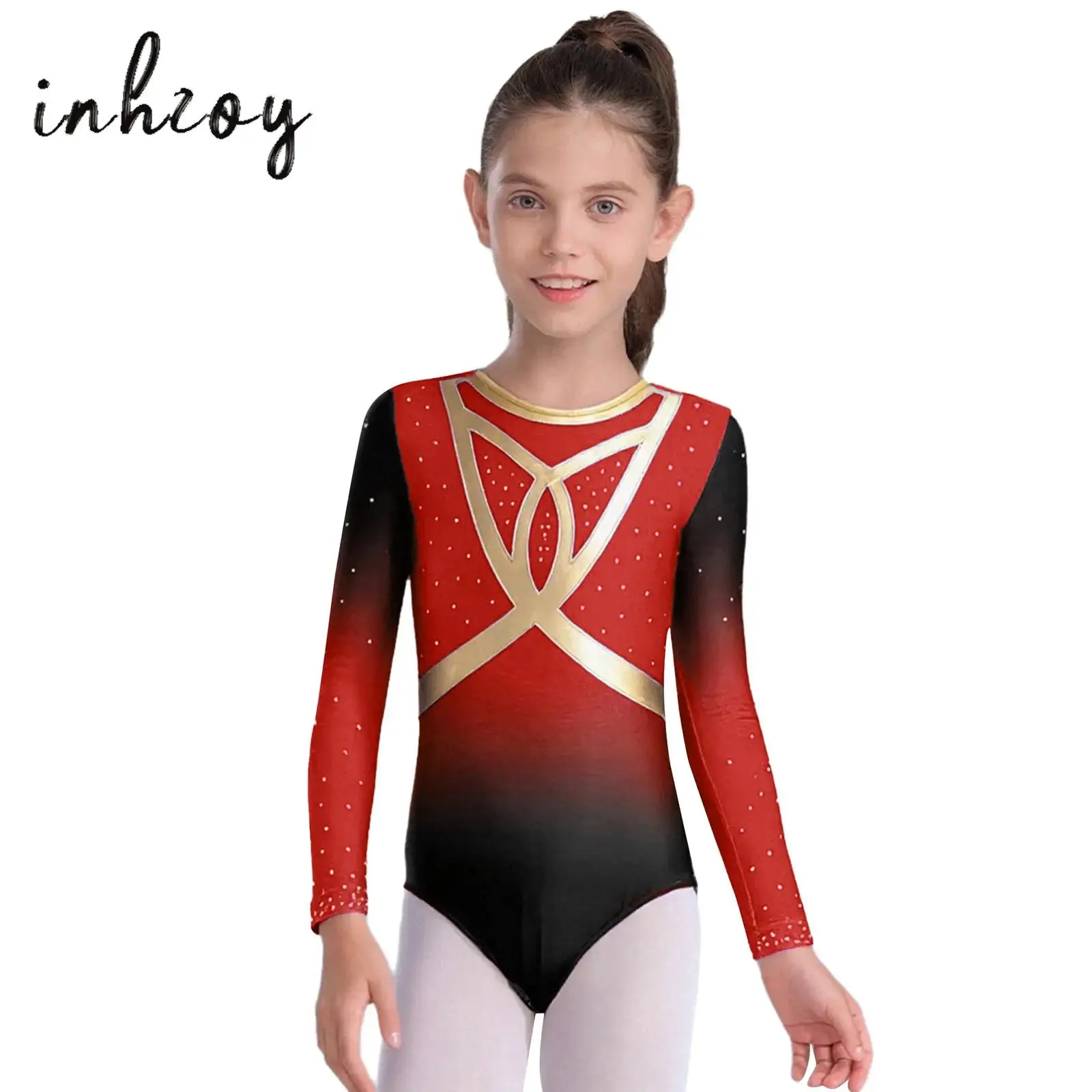 

Kids Girls Gradient Gymnastics Leotard Round Neck Long Sleeve Shiny Rhinestone Bodysuit for Figure Ice Skating Dance Performance