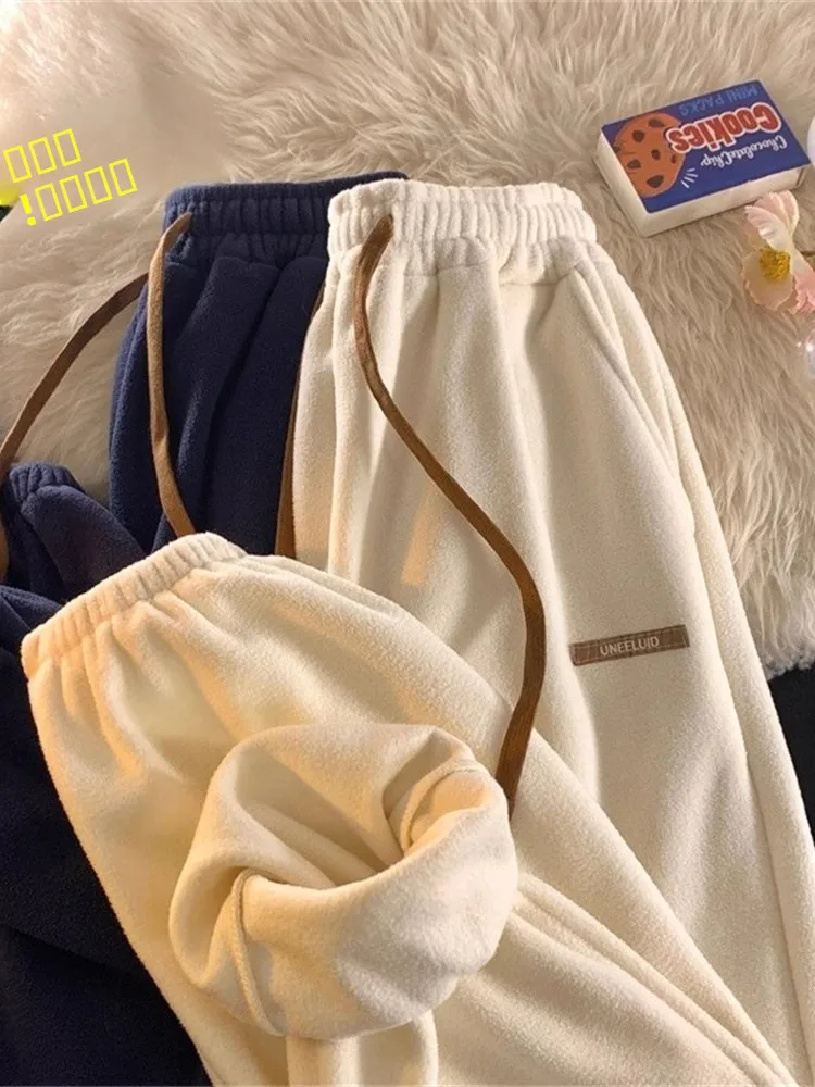 

Lamb Fur Lined Thiened Fce Dstring Casual Pants for Men Autumn Winter Sle Youthful Spor Loose Fit Long Trousers