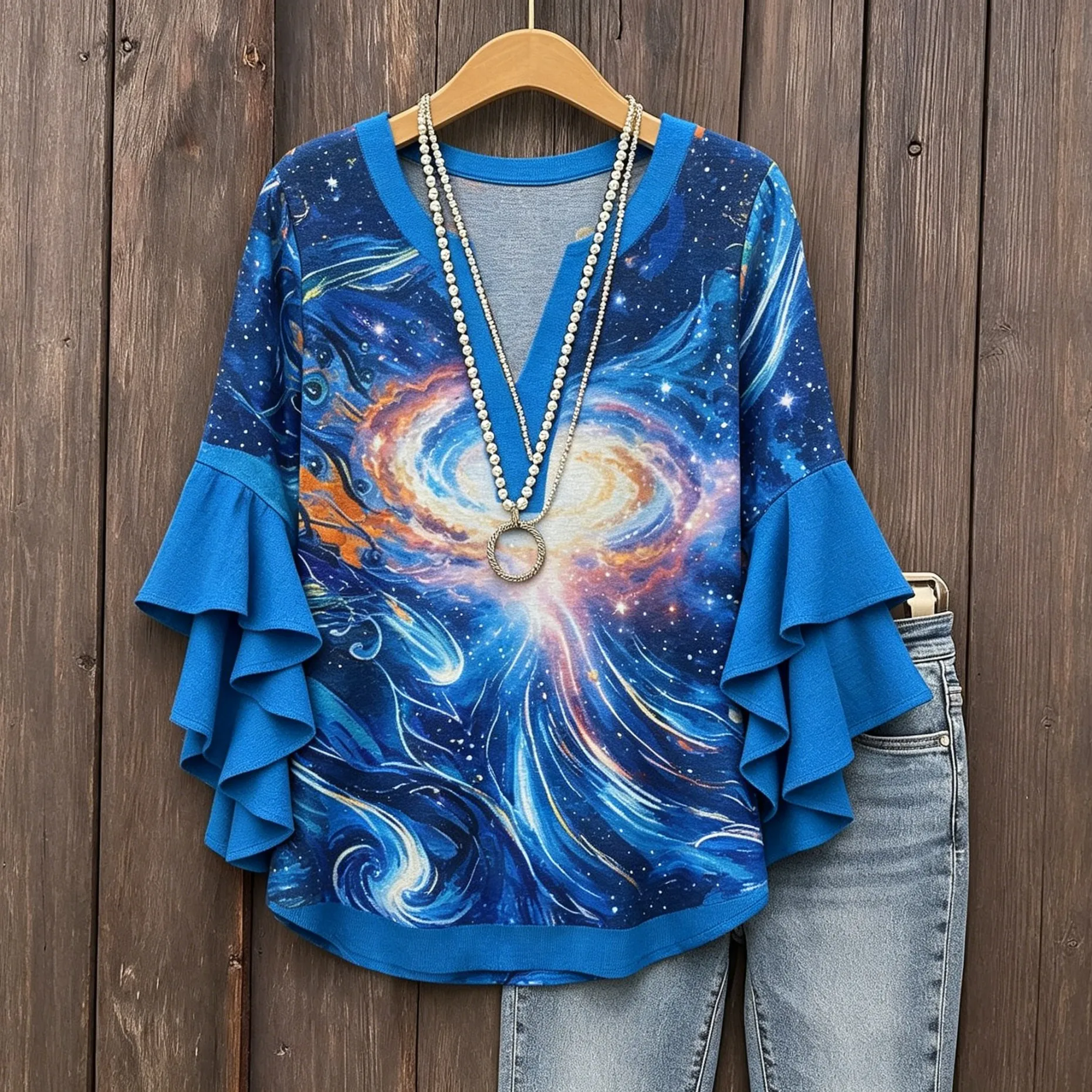 Women's Spring Summer Galaxy Starry Sky Print V Neck Blouse, Casual Flounce Ruffle Sleeve Top
