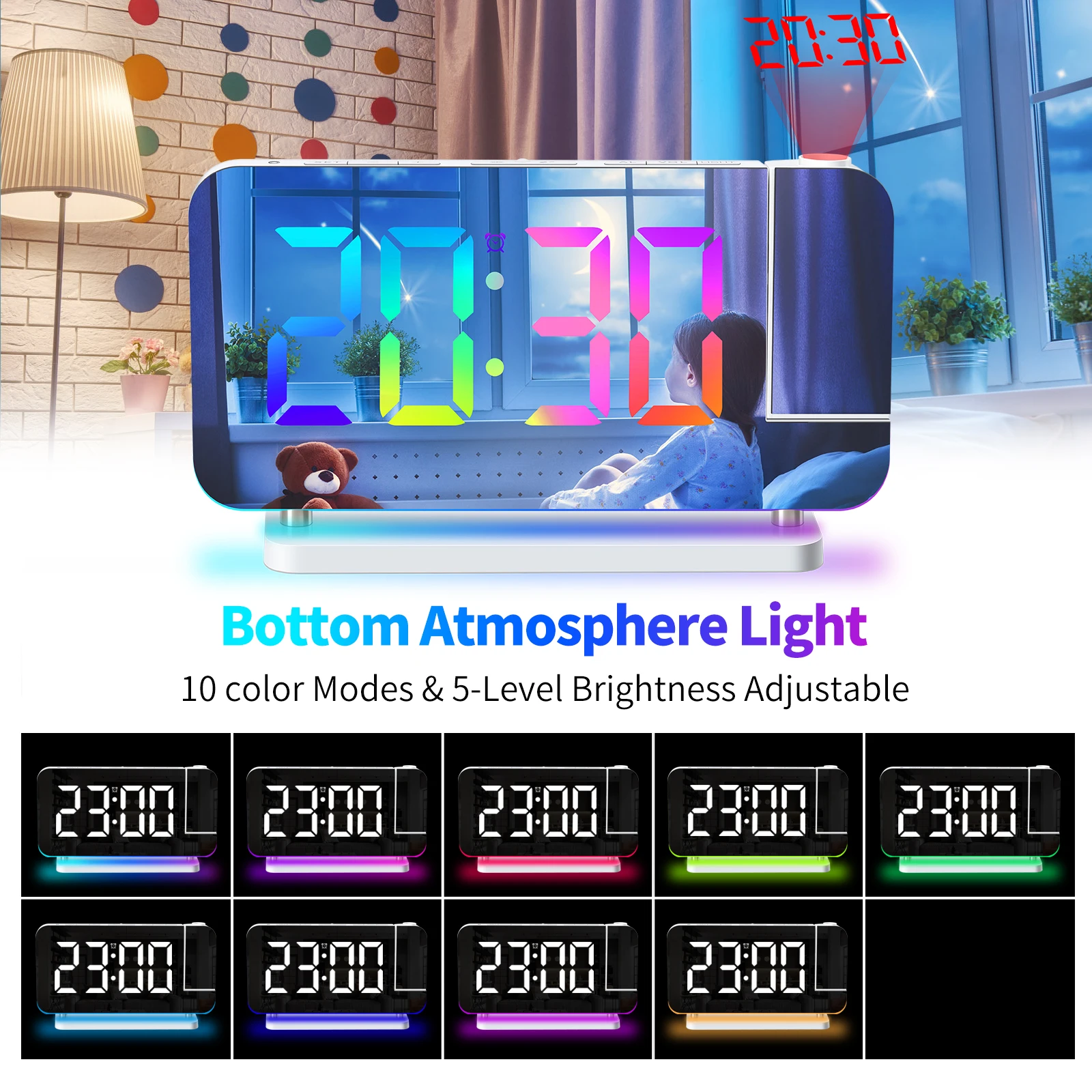 Projection Alarm Clock RGB Colorful LED Digital Clock with Mirror USB Charger Snooze Function 180 Degrees Projector on Ceiling