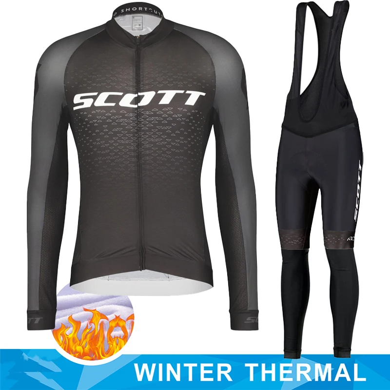 SCOTT Sports Set Cycling Clothing Man Winter Costume for Men\'s Bike Fleece Jersey Pants Gel Team Road Uniform Thermal Bib Outfit