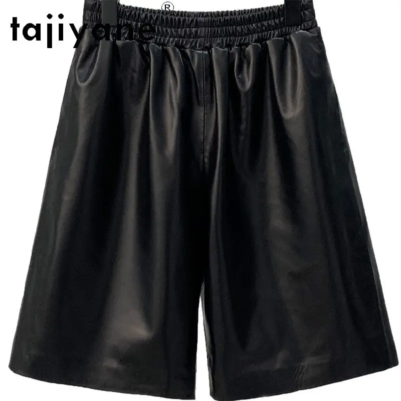 TAJIYANE Echtleder-Shorts für Damen, elastische Taille, Haremshose, schwarze Shorts für Damen, kurze Mittelhose mit weitem Bein, Шорты