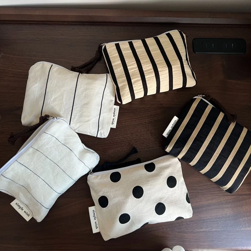Cotton Linen Material Mini Coin Purse Striped Pattern Portable Size Jewelry Storage Bag Polka Dot Design Minimalist Style