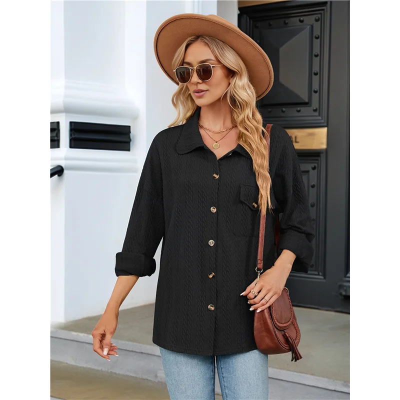 

AG-Womens Cable Knit Light-Weight Shacket Button Down Shirts Long Sleeve Casual Oversized Blouses Tops